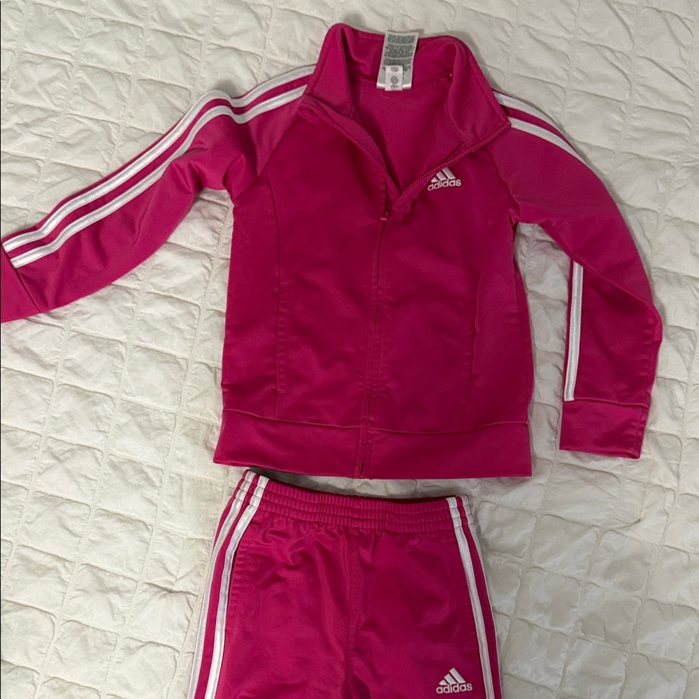 Girls Adidas Fuchsia Tracksuit with White Stripes used once
